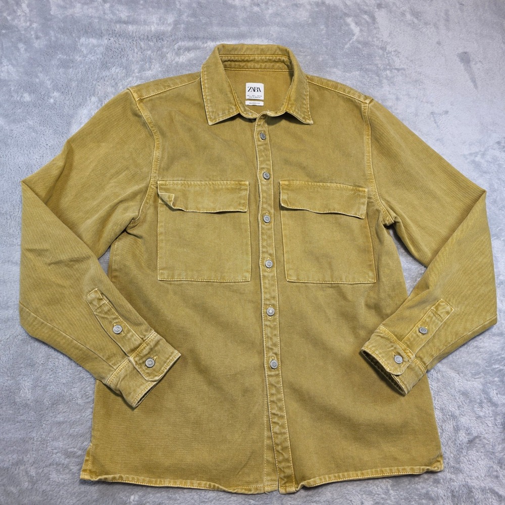 Zara Men Large Mustard Yellow Button Down Shirt Relaxed Fit Work Wear Overshirt